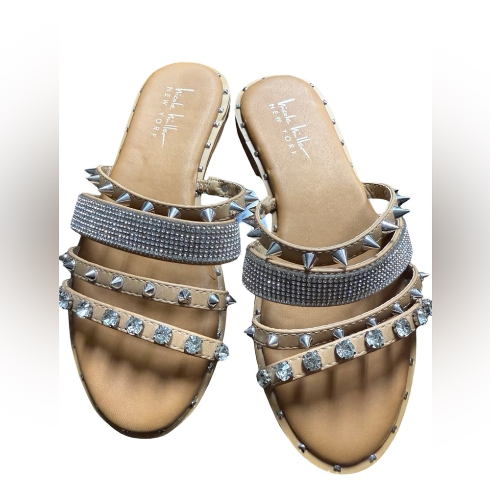 Nicole Miller Tan Studded Rhinestone Sandals Womens 8 Glam Summer Shoes